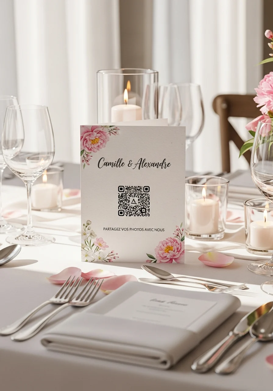 Affiche QR Code Mariage Romantique Pivoines | Camille & Alexandre | Invinee
