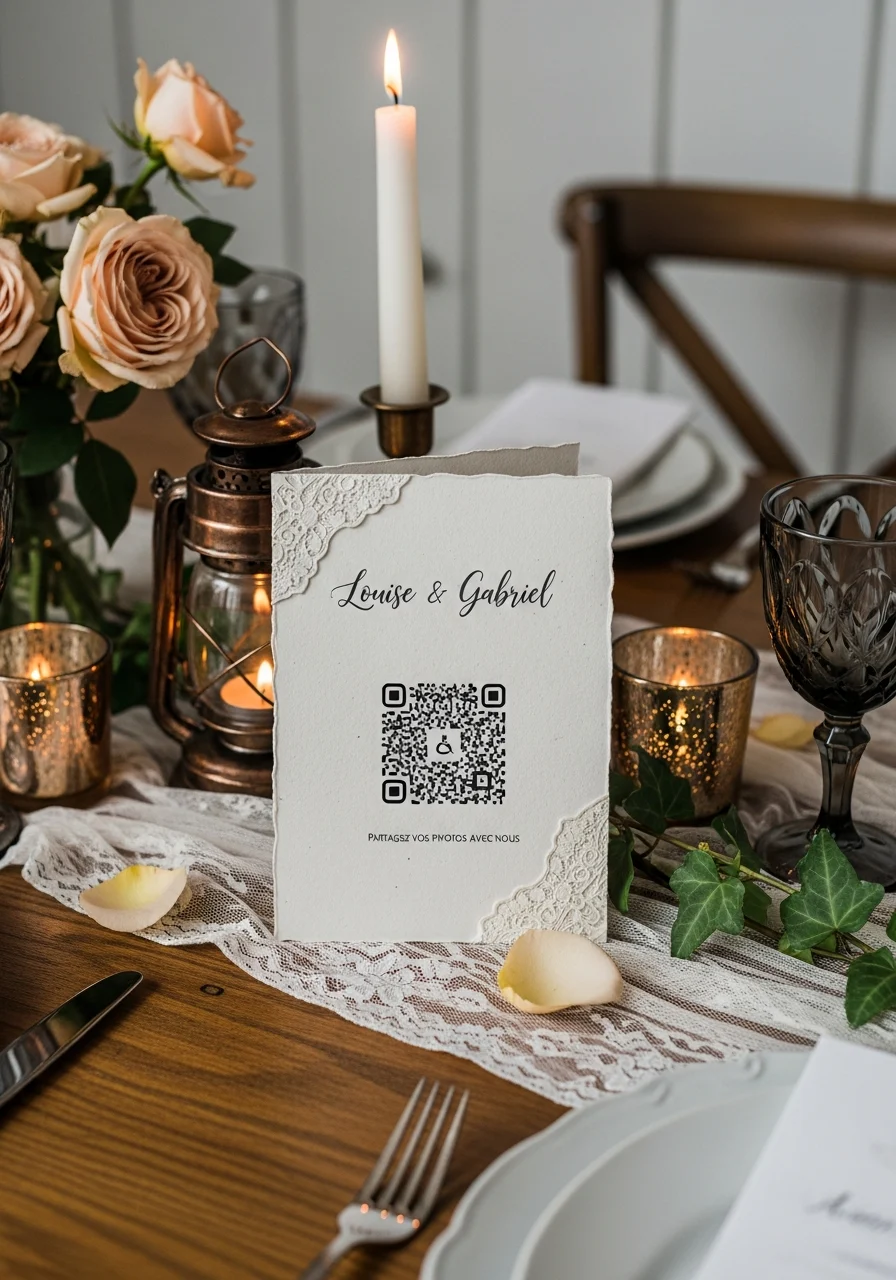 Affiche QR Code Mariage Vintage Dentelle | Louise & Gabriel | Invinee