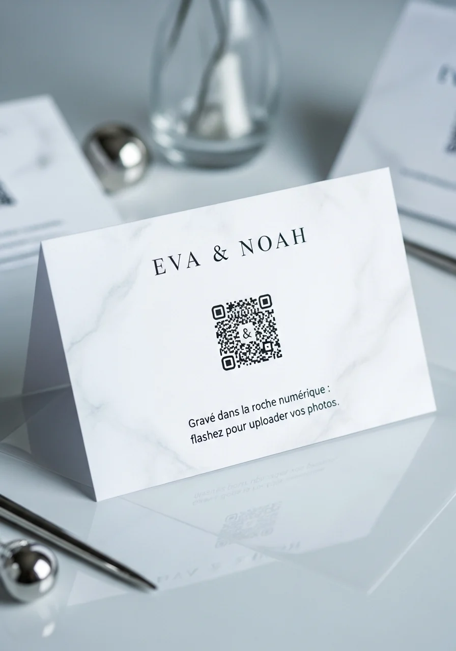 Carte de Visite QR Code Mariage Marbre Minimal