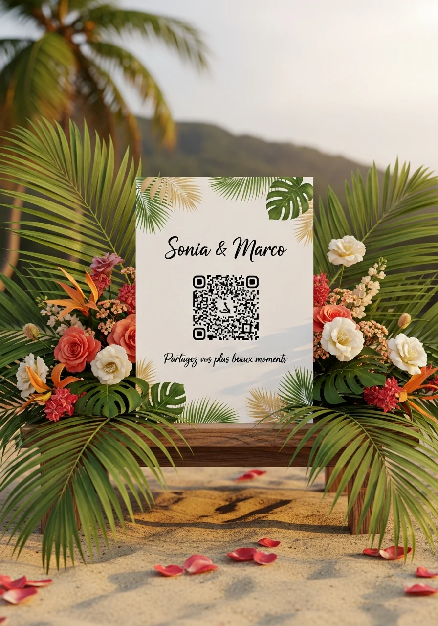 Affiche QR Code Mariage Tropical Palmier