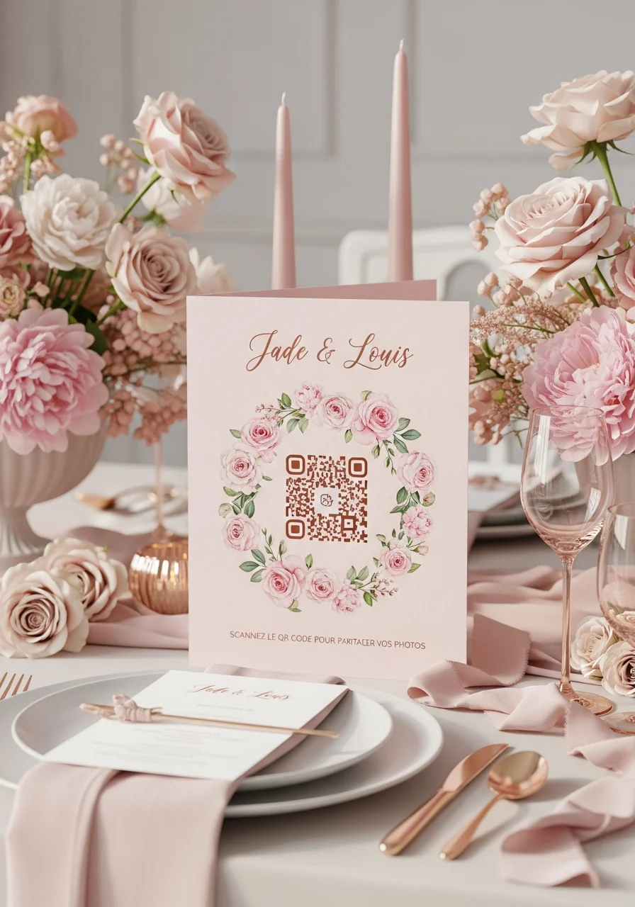 Affiche QR Code Mariage Romantique Rose Poudré