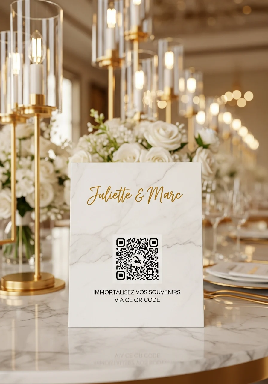 Affiche QR Code Mariage Élégant Marbre Blanc