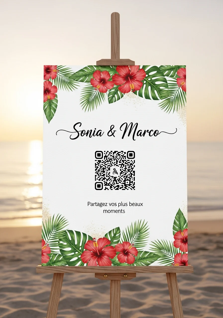 Affiche QR Code Mariage Tropical Hibiscus