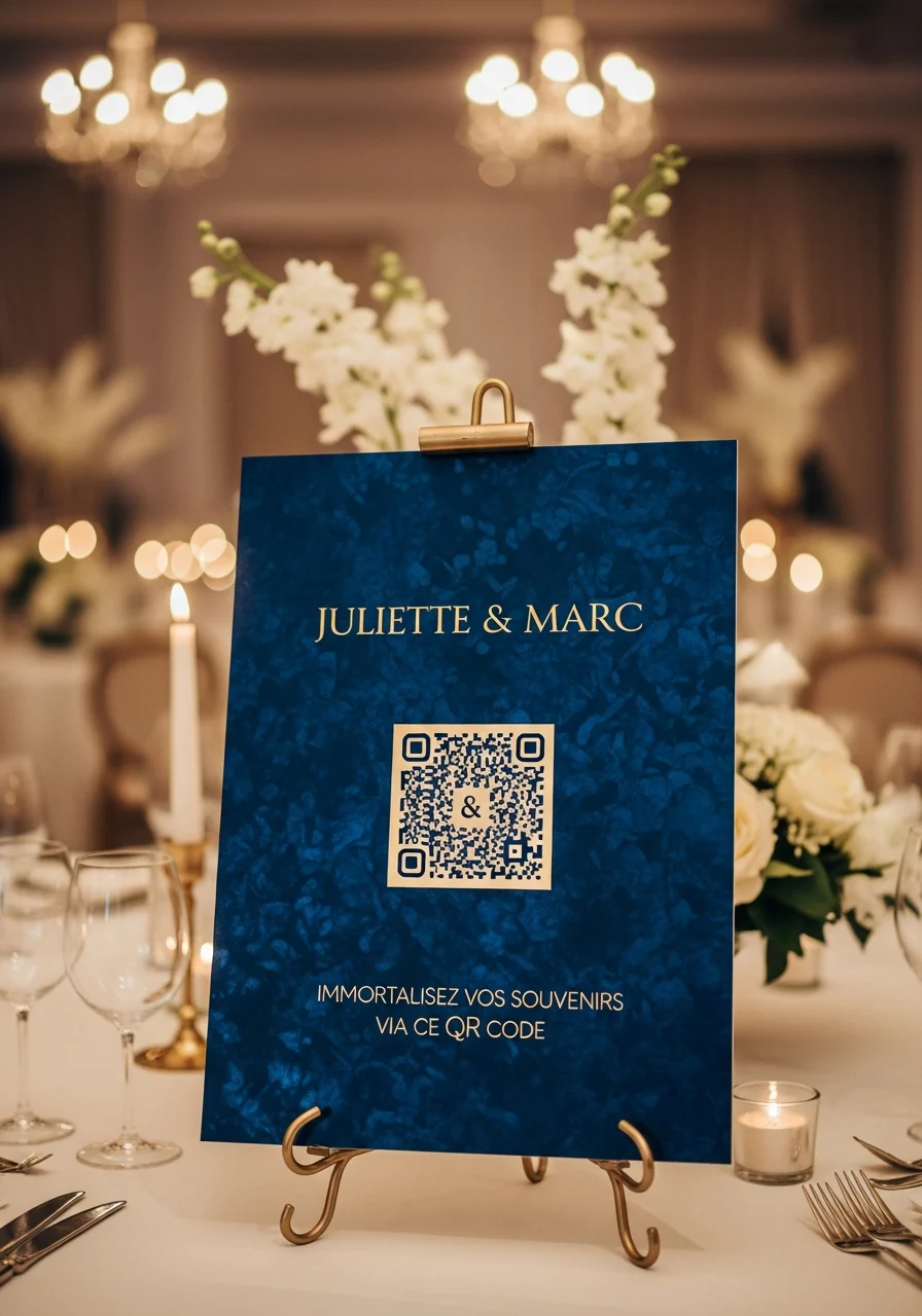 Affiche QR Code Mariage Élégant Nuit Or