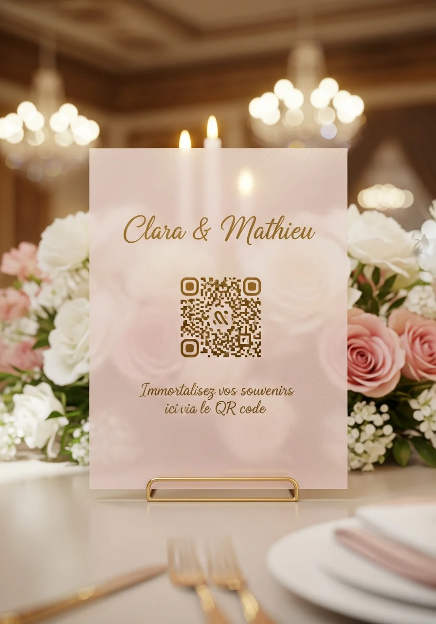 Affiche QR Code Mariage Élégant Cristal Rose