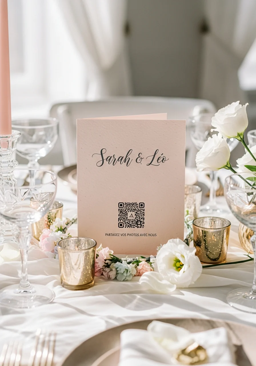 Affiche QR Code Mariage Romantique Couronne Pastel | Sarah & Léo | Invinee