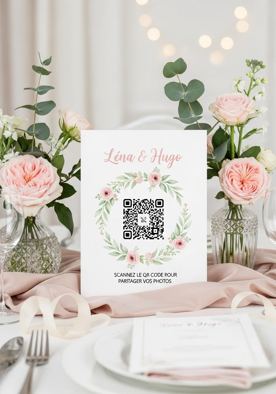 Affiche QR Code Mariage Bohème Floral Épuré